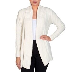 SEVEN7  Womens Large Cream Ribbed Plush Chenille Open Cardigan Sweater Soft Cozy